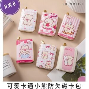 Cute Pink Bear Organ Card Bag PU Leather Wallet Cartoon Business Card Case Credit Card Holder Mini Coin Purse Zipper Clutch Bag N.W-8