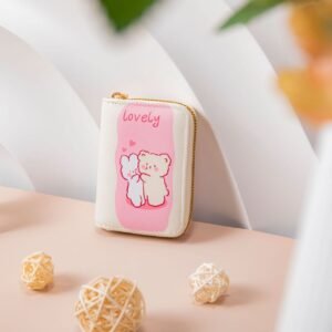 Alternative view of Cute Pink Bear Organ Card Bag PU Leather Wallet Cartoon Business Card Case Credit Card Holder Mini Coin Purse Zipper Clutch Bag N.W-8
