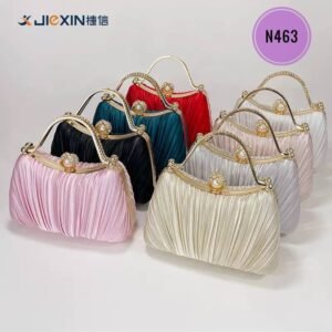 Luxurious Pleated Evening Handbag with Embellished Top Handle & Pearl Clasp N463